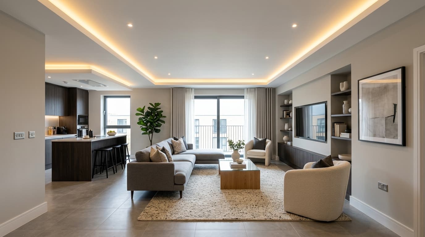 Finished room with warm layered false ceiling
