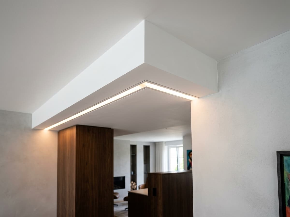 Warm LED cove lighting channel recessed into a ceiling plane