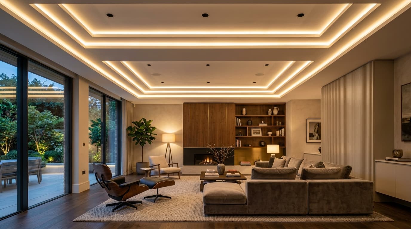 Warm living room with a layered false ceiling and recessed cove lighting