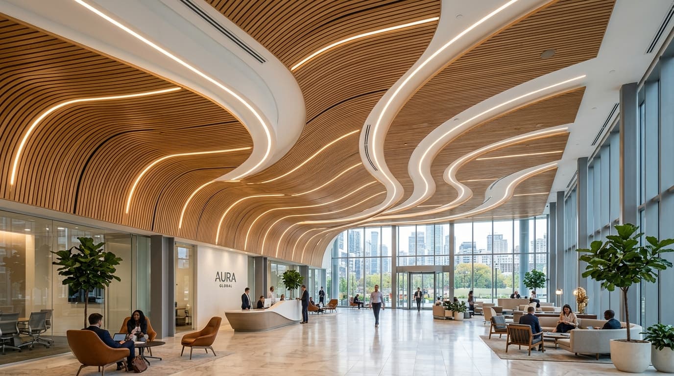 Office interior with linear recessed lighting across the ceiling