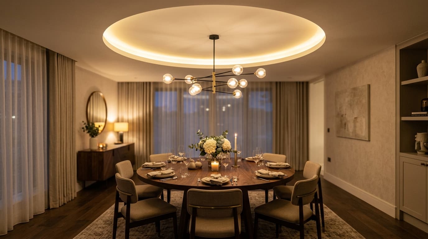 Circular ceiling feature with a warm cove-lit ring above a dining table