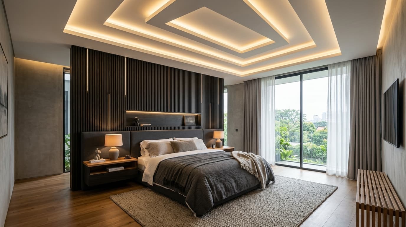 Layered false ceiling with cove lighting in a contemporary living room